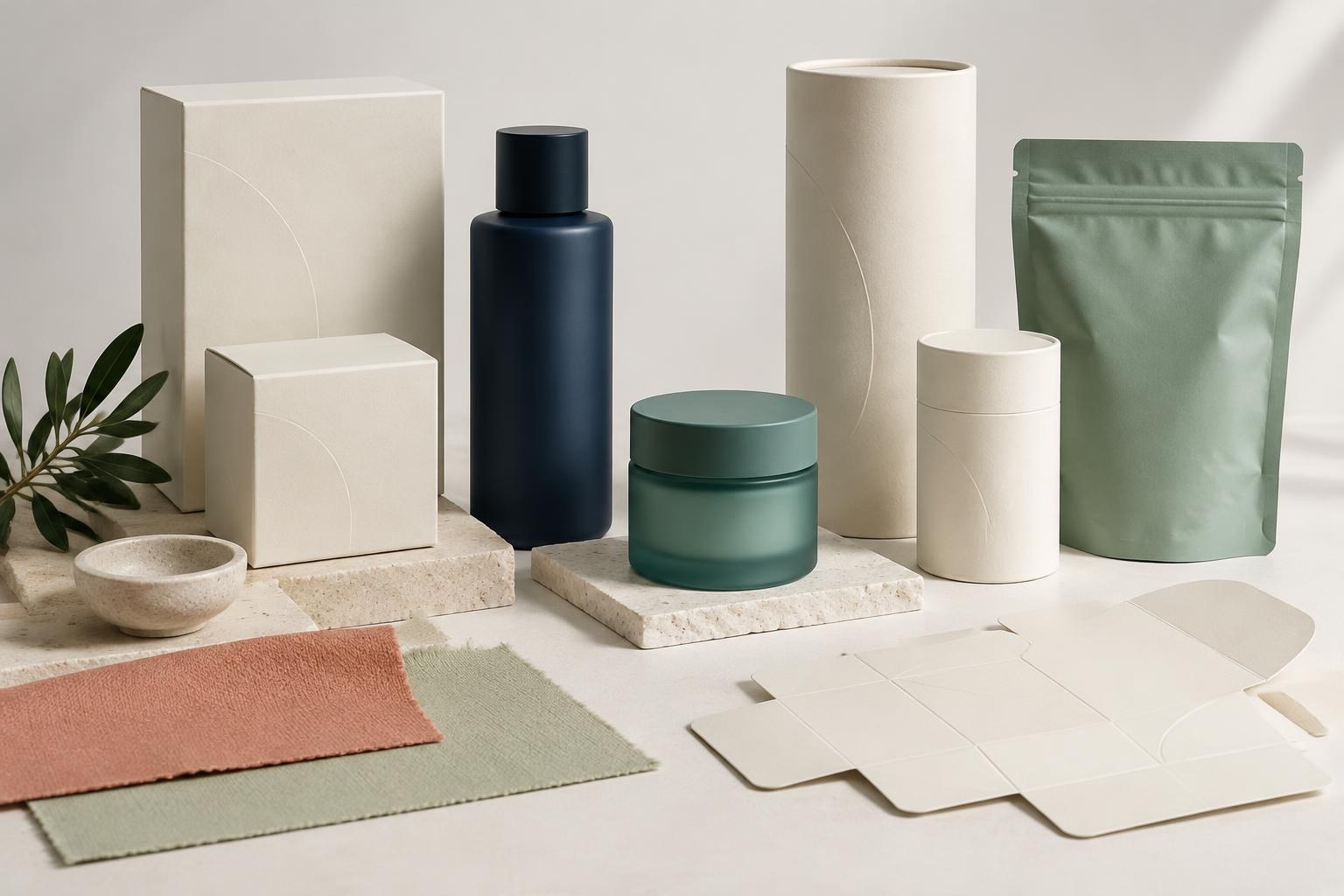 Packaging concepts with navy and sage containers, ivory cartons, material swatches and an unfolded dieline