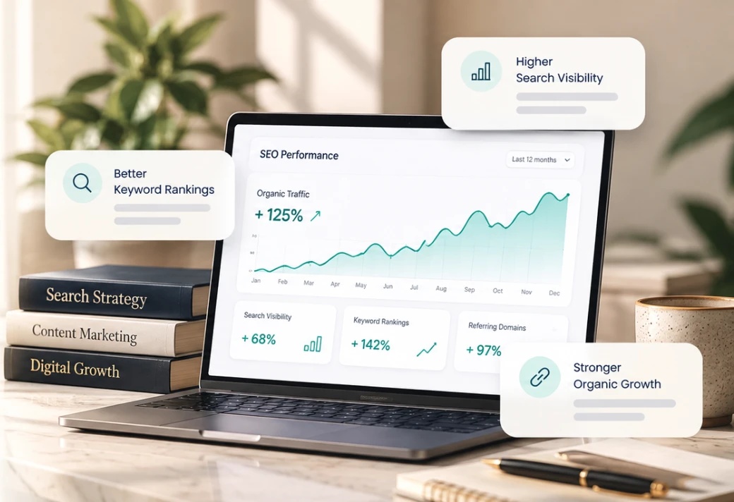 SEO laptop dashboard in a sunlit workspace with books, a plant and coffee, and cards reading Higher Search Visibility, Better Keyword Rankings and Stronger Organic Growth.