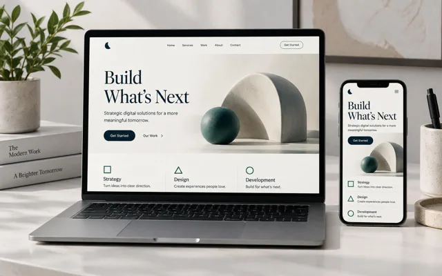 Responsive website design displayed on a laptop and smartphone in a premium digital workspace.