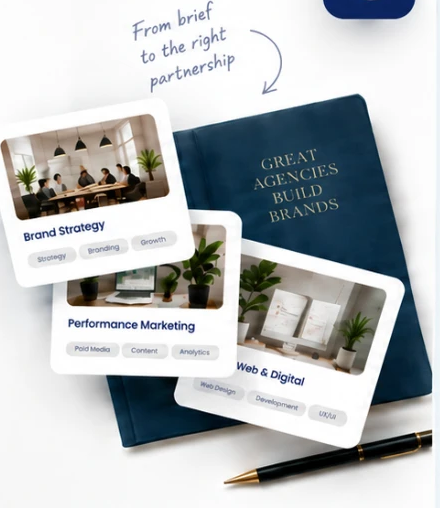 Agency profile cards curated on a desk
