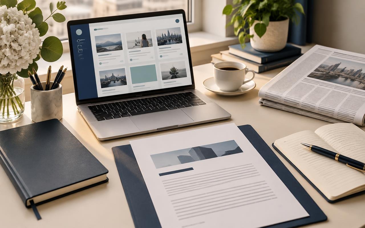 Editorial communications workspace with media layouts, a laptop, a notebook and press materials
