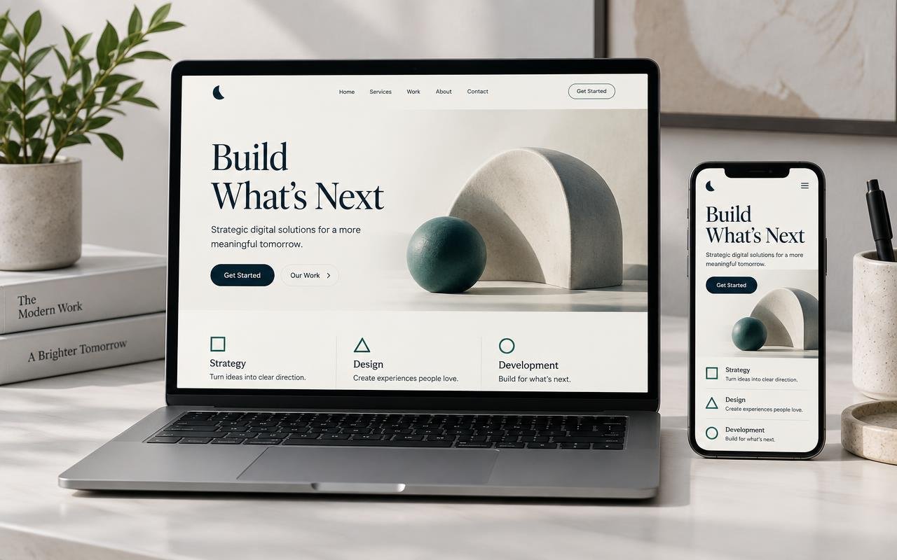 Responsive website design displayed on a laptop and smartphone in a premium digital workspace.