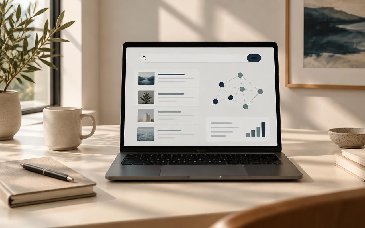 AI SEO strategy workspace illustrating search visibility, structured content and AI-powered discovery