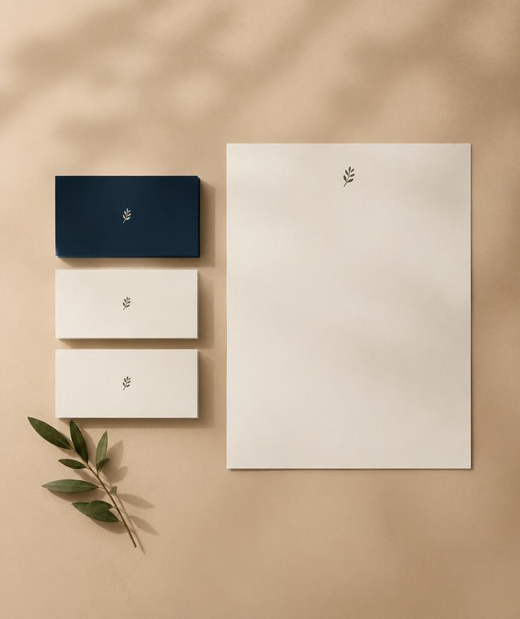 Brand identity stationery with navy and ivory cards