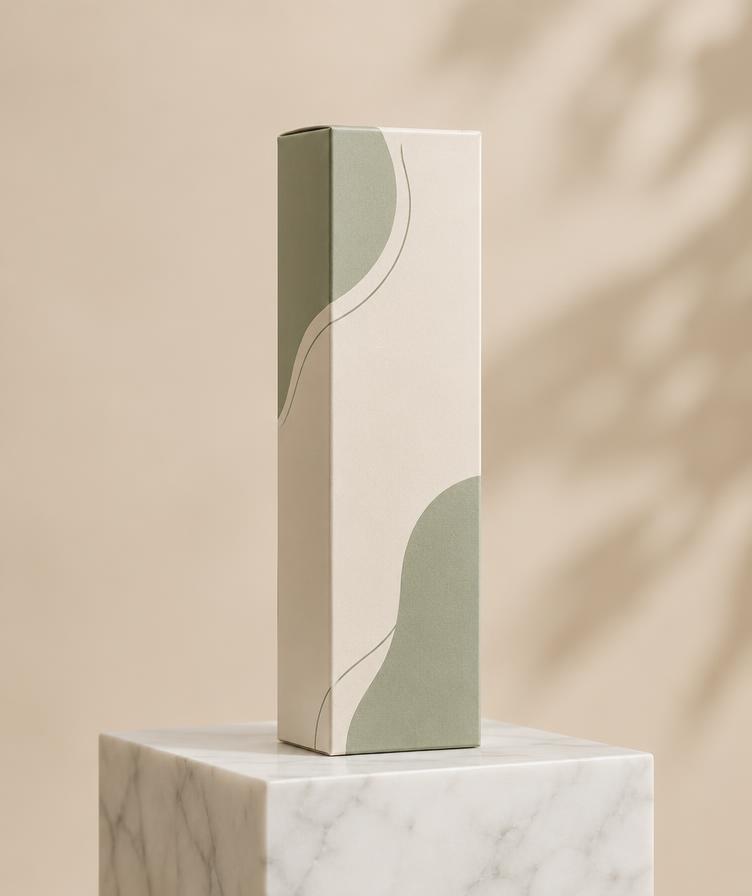 Tall ivory and sage skincare box on marble