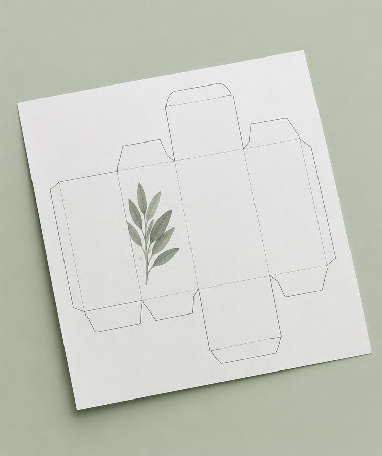 Unfolded carton dieline with leaf artwork