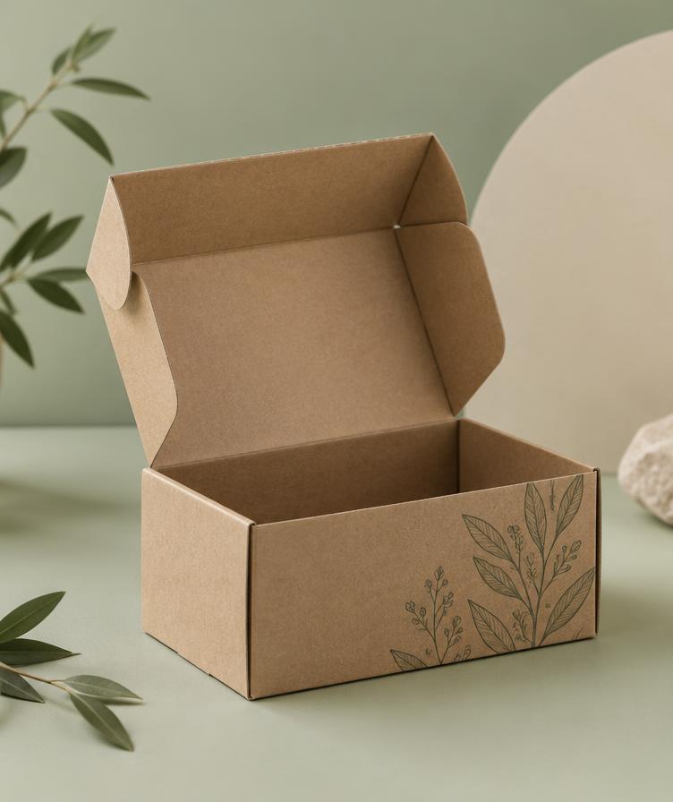 Open kraft cardboard box with botanical print