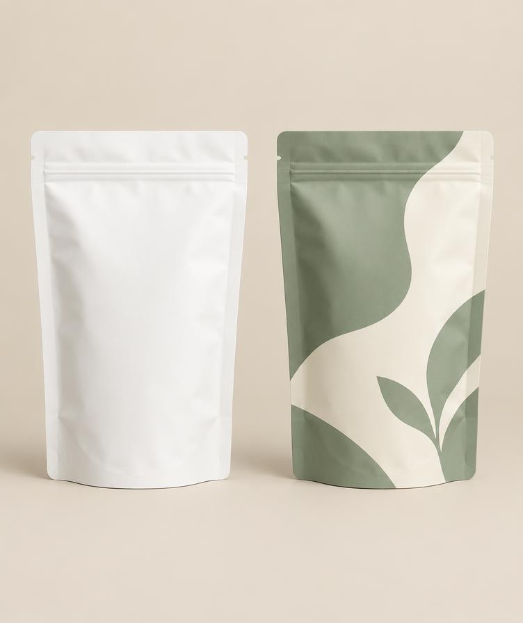 Plain pouch beside a redesigned sage pouch