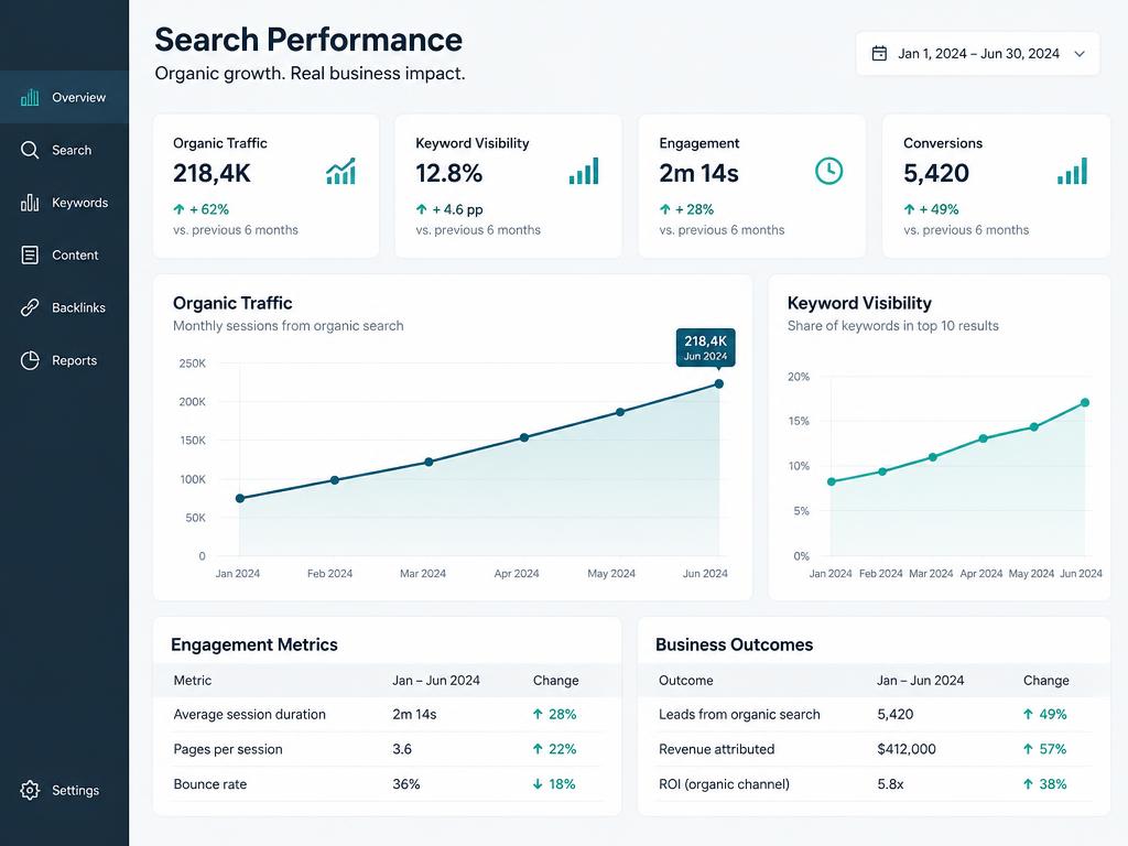 Organic traffic growth dashboard showing keyword visibility, engagement, and business outcomes over six months