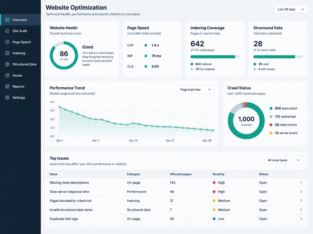 Technical optimization dashboard showing page speed, indexing coverage, structured data, and website health