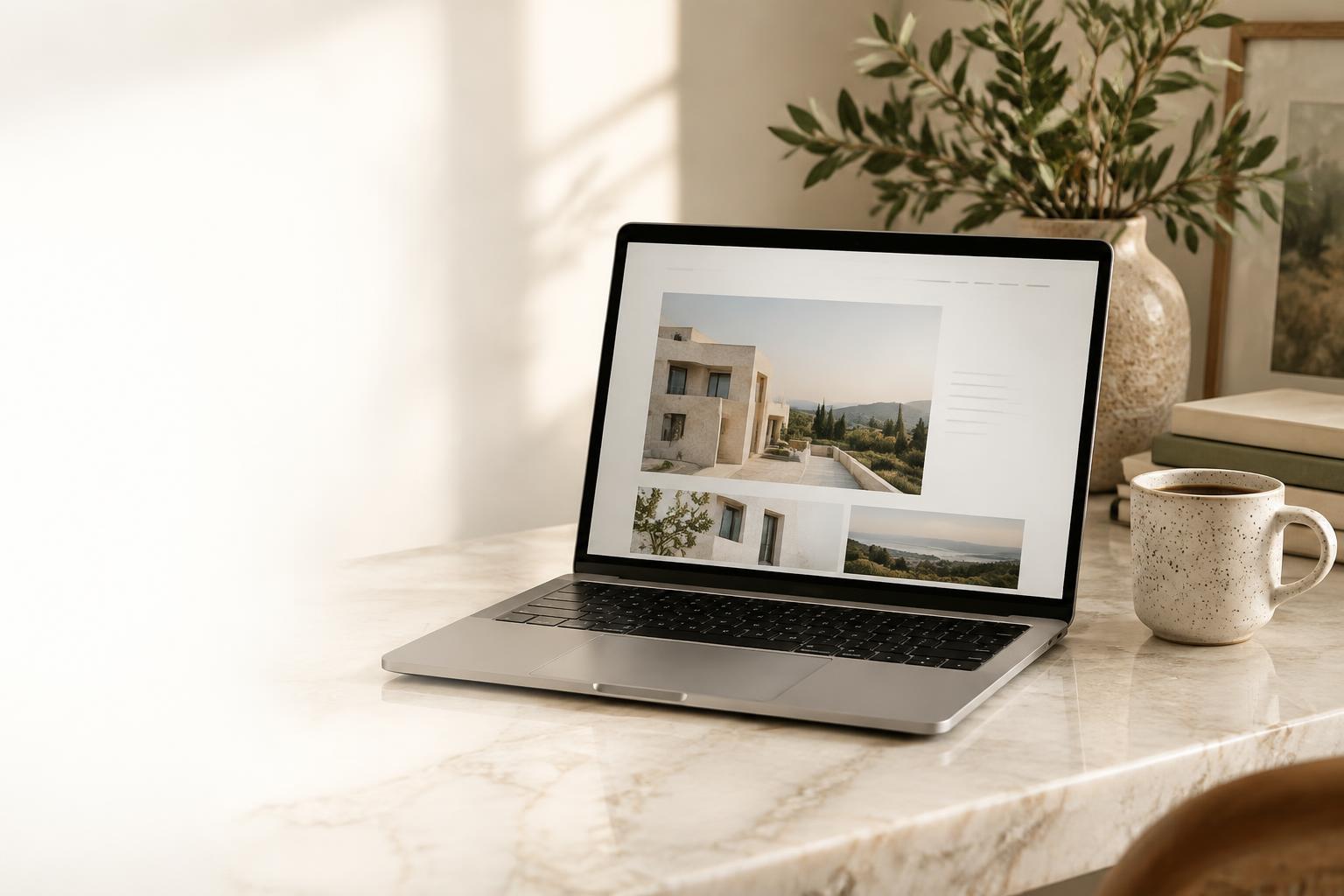 Laptop showing a website design on a marble desk with a coffee mug and greenery